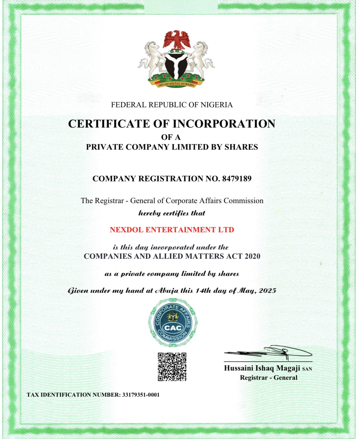 Nexdol Entertainment Ltd certificate of incorporation