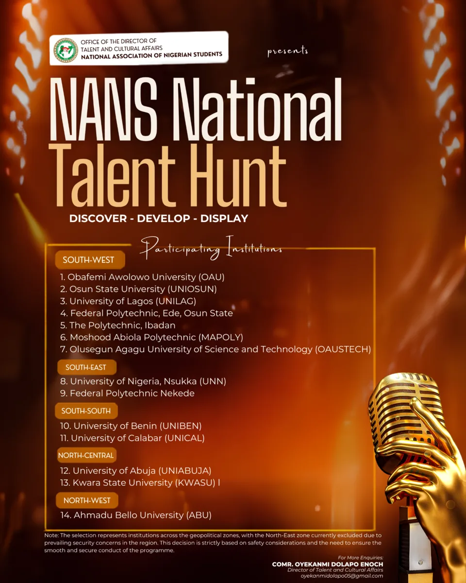 NANS National Talent Hunt participating institutions flyer